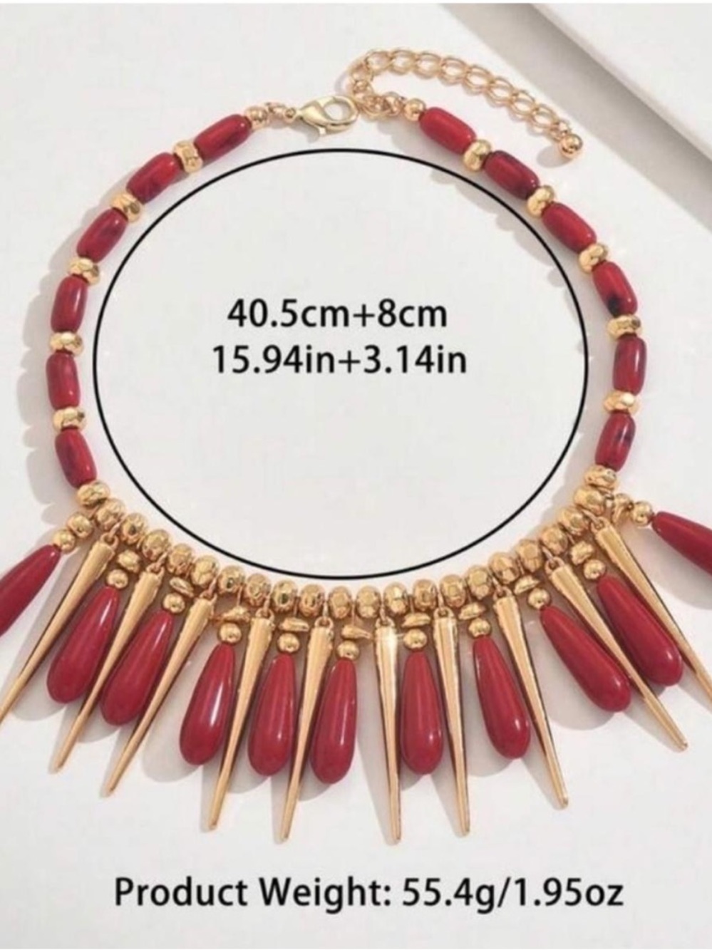 Red Ember Drop Fringe Necklace – Golden Drama Piece - Picture 4 of 4